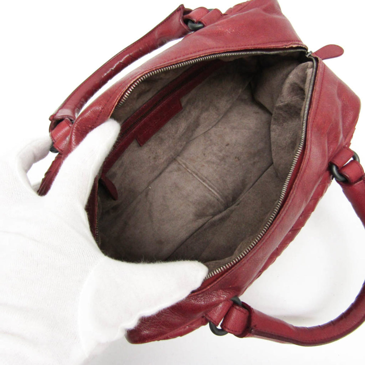 Bottega Veneta Zip Boston Intrecciato Nappa, Red, Leather, Handbag