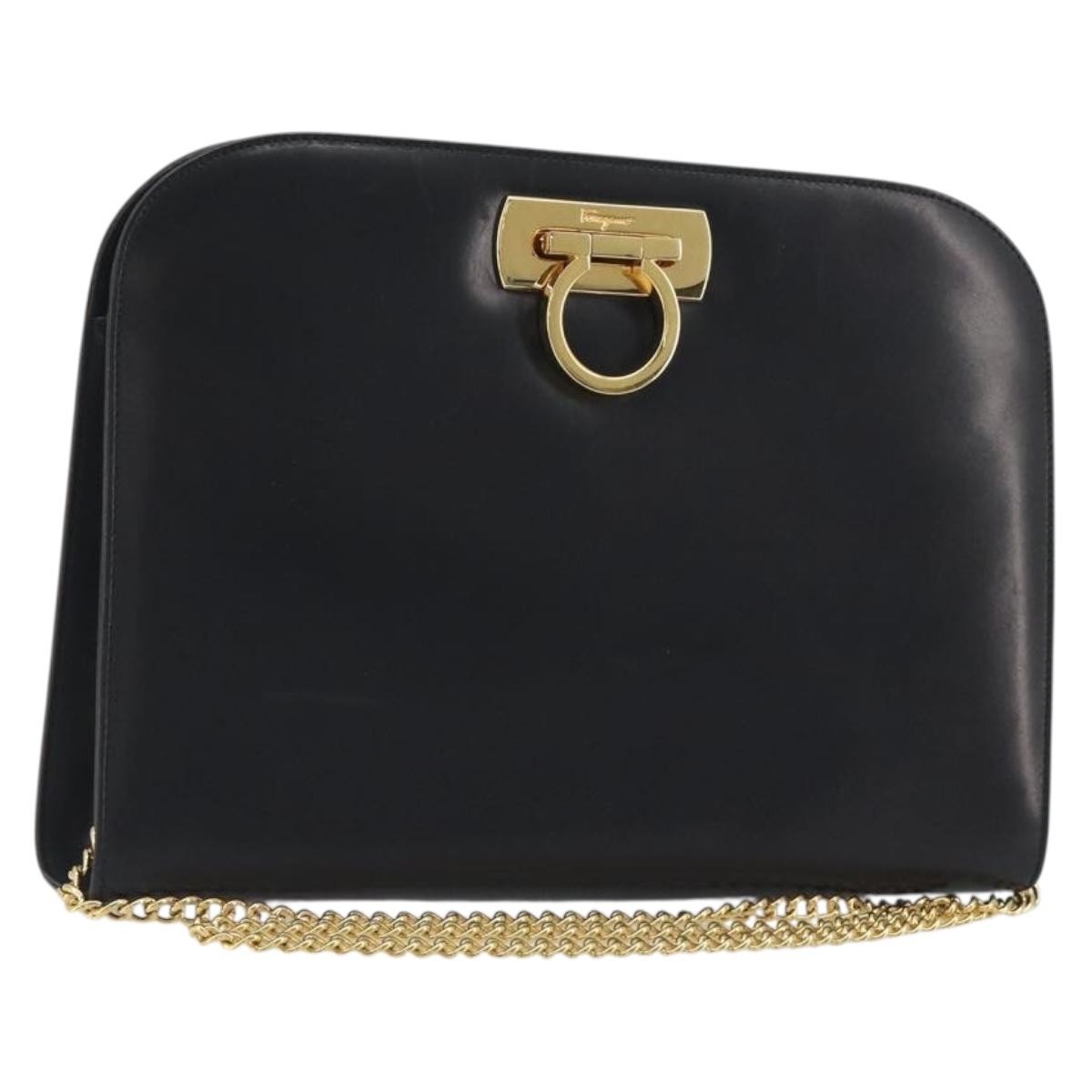 Salvatore Ferragamo Vintage Gancini Chain Leather, Black, Leather, Shoulder Bag