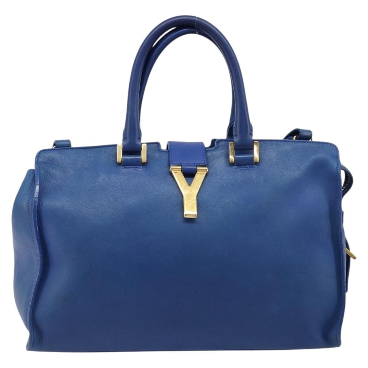 Saint Laurent Classic Y Cabas Leather, Blue, Leather, Tote Bag
