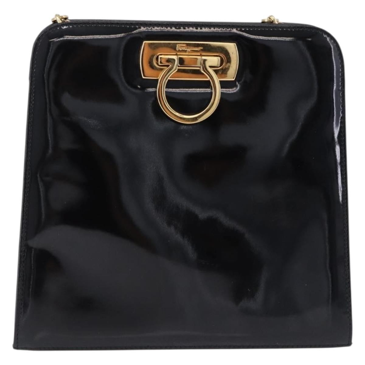 Salvatore Ferragamo Vintage Gancini Chain Patent Leather, Black, Patent Leather, Shoulder Bag