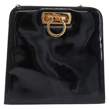 Salvatore Ferragamo Vintage Gancini Chain Patent Leather, Black, Patent Leather, Shoulder Bag