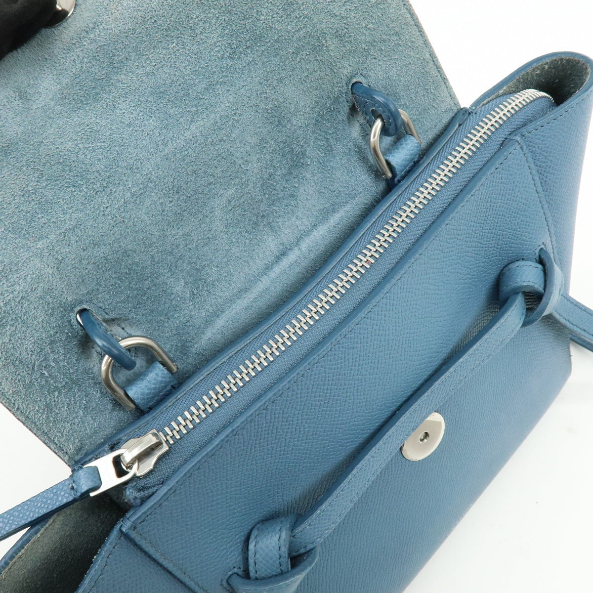 Celine Belt Textured Leather, Blue, Leather, Handbag