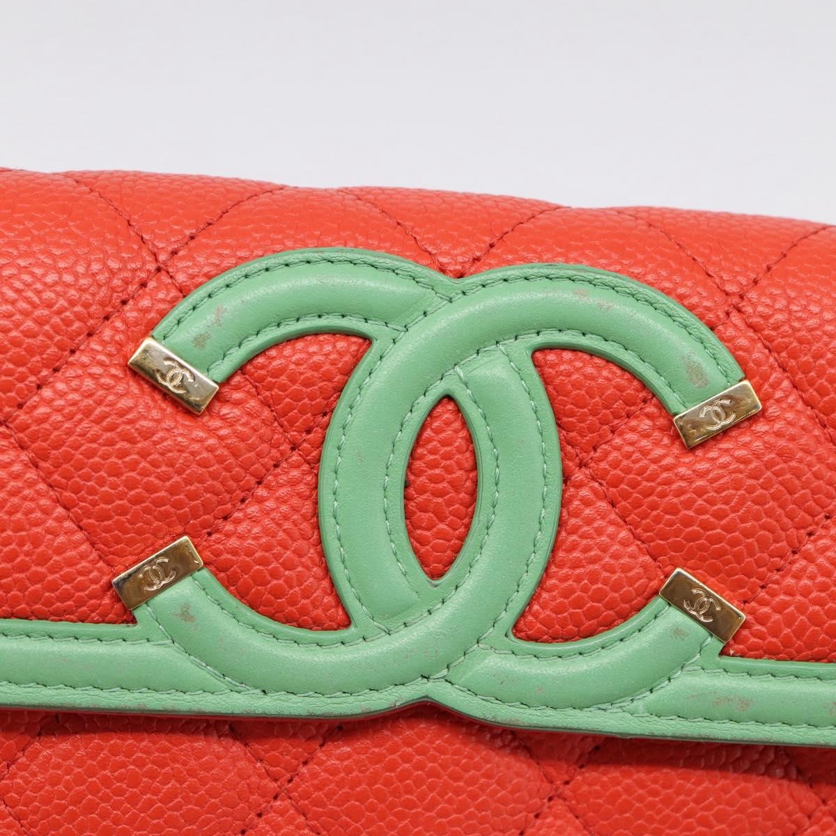 Chanel Filigree Flap Quilted Caviar, Red, Leather, Wallet