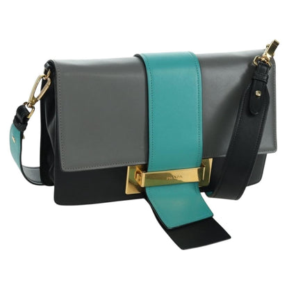 Prada Metal Ribbon City Calfskin, Gray, Leather, Shoulder Bag