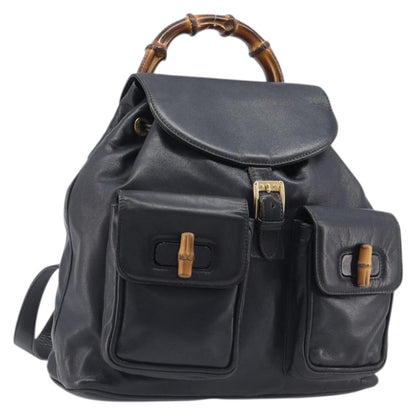 Gucci Vintage Bamboo Leather, Black, Leather, Backpack