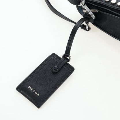 Prada Etiquette Flap Studded Glace Calfskin, Black, Leather, Handbag