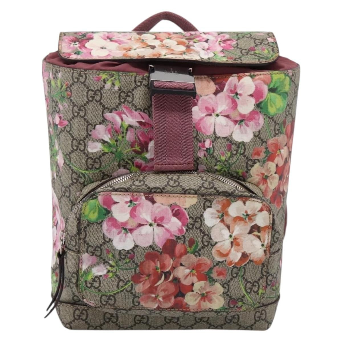 Gucci Buckle Blooms Print GG Coated Canvas, Beige, Canvas, Backpack