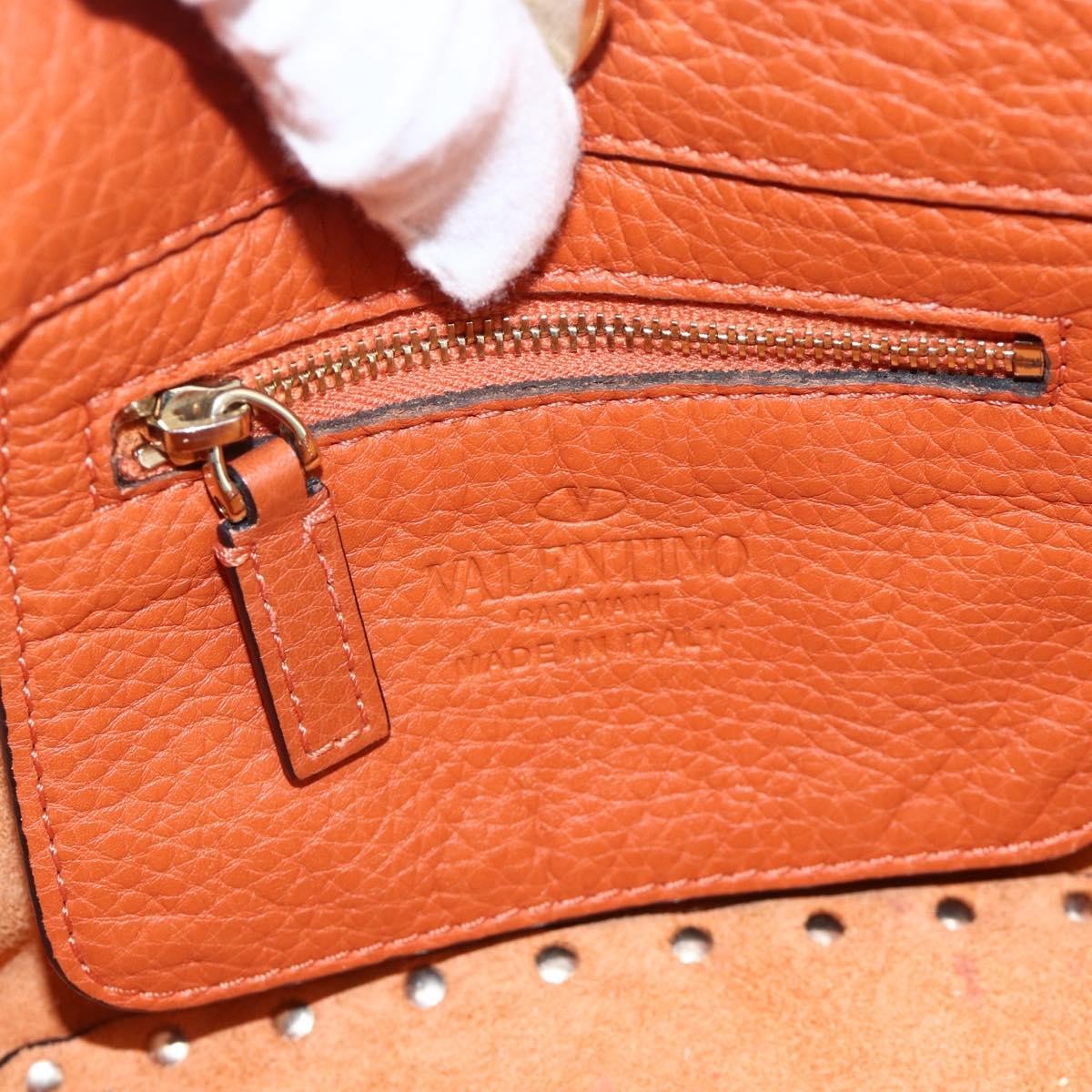 Valentino Garavani Rockstud Pebbled Leather, Orange, Leather, Tote Bag