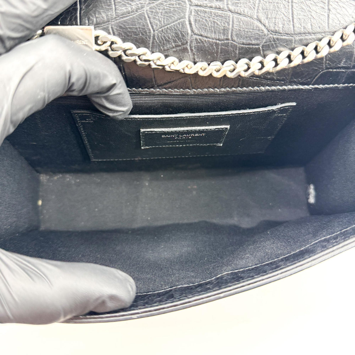 Saint Laurent Classic Monogram Tassel Crocodile Embossed Leather, Black, Leather, Crossbody Bag