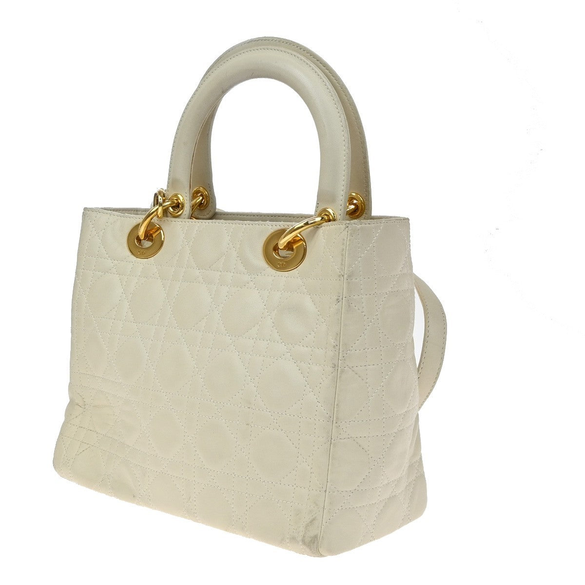 Christian Dior Lady Dior Cannage Quilt Leather, White, Leather, Handbag