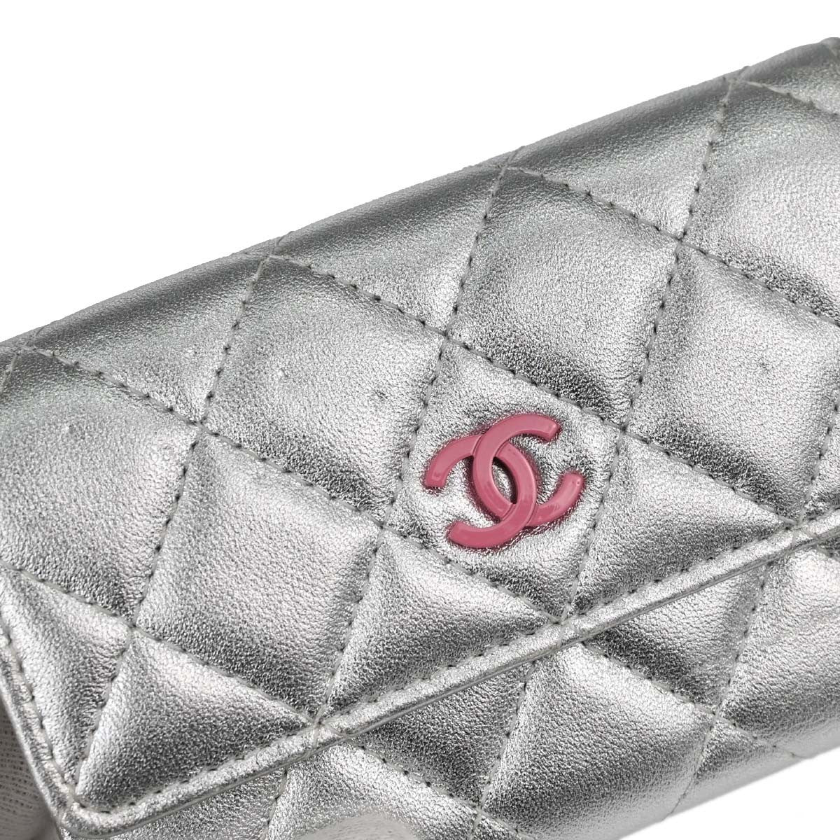 Chanel CC Flap Card Case Quilted Lambskin, Silver, Leather, Card Holder