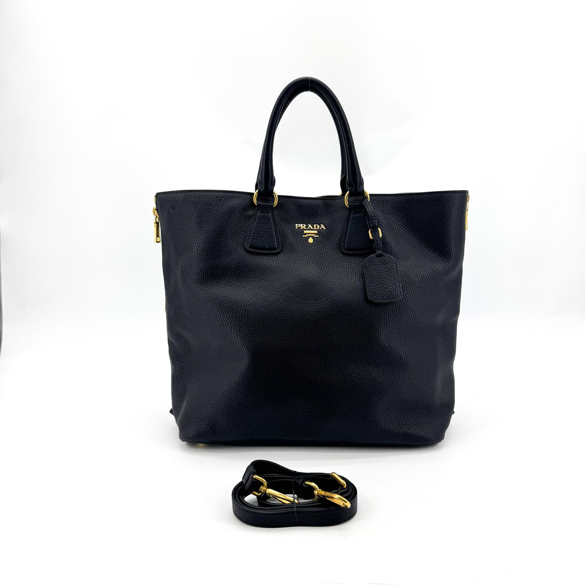 Prada Side Zip Convertible Vitello Daino, Black, Leather, Tote Bag