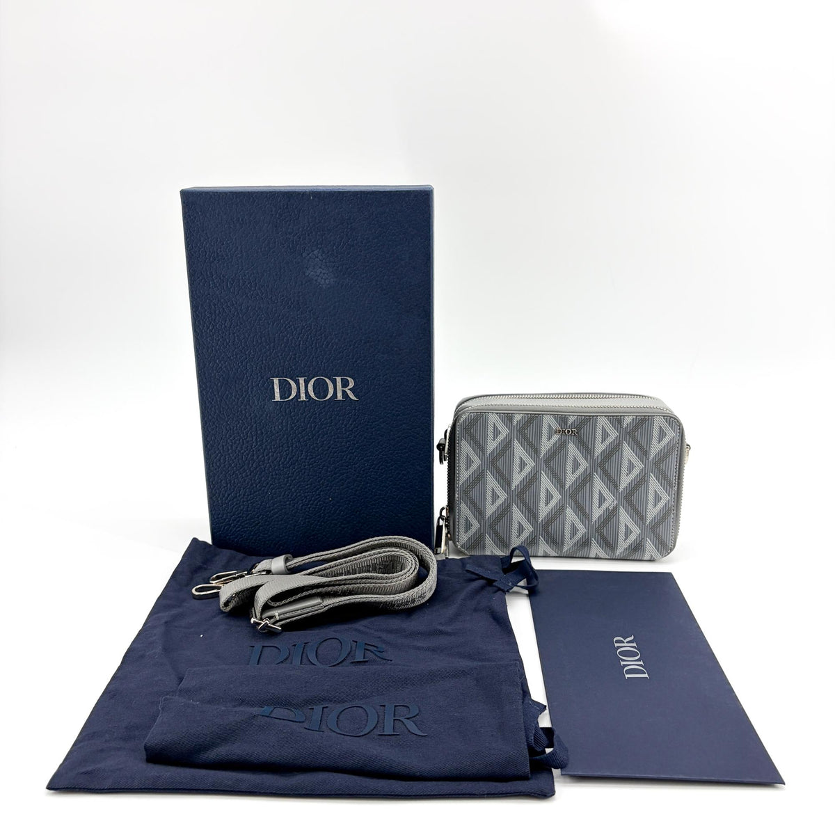 Christian Dior Double Zip CD Diamond Coated Canvas, Gray, Canvas, Crossbody Bag