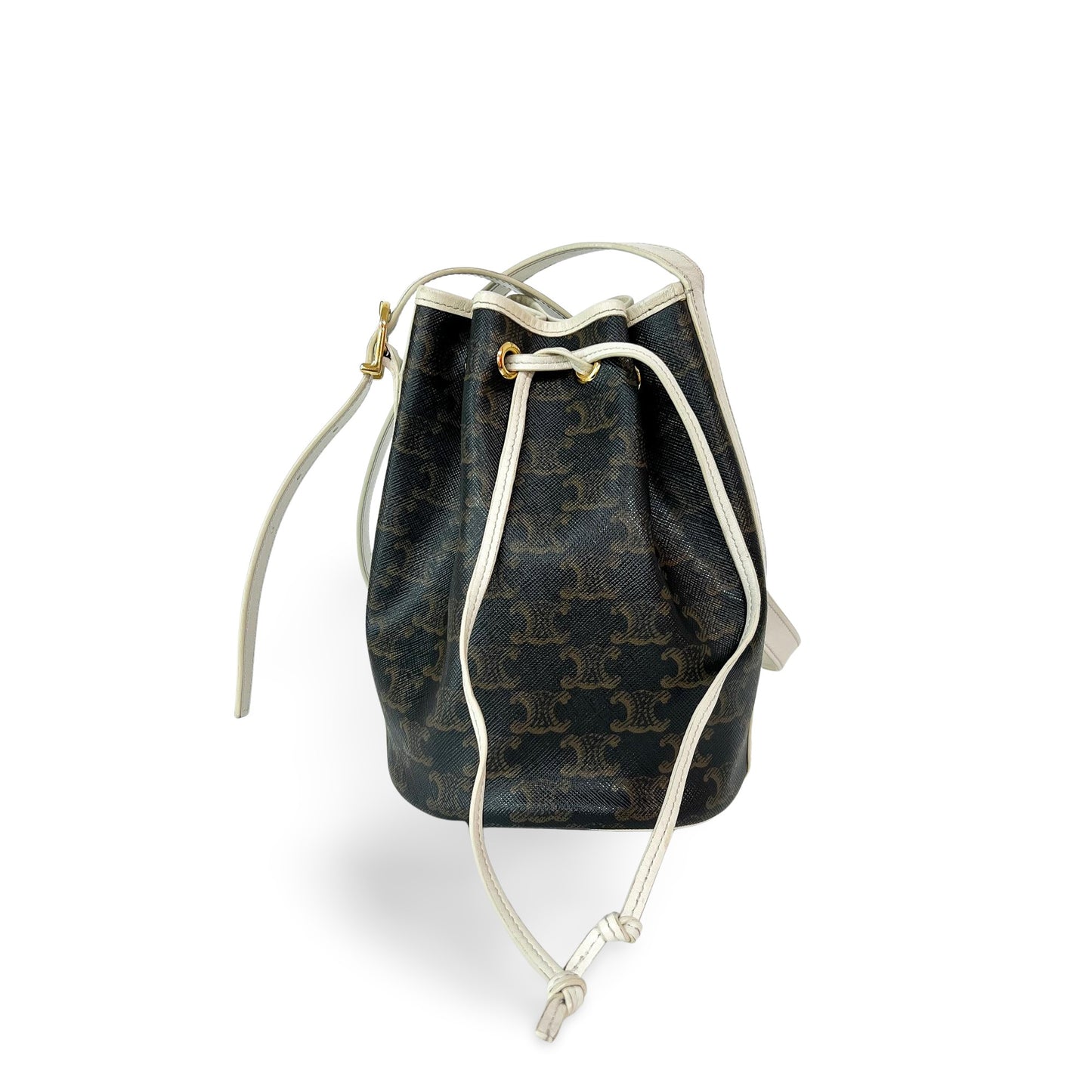 Celine Triomphe Drawstring Bucket Bag Leather, Brown, Canvas, Handbag