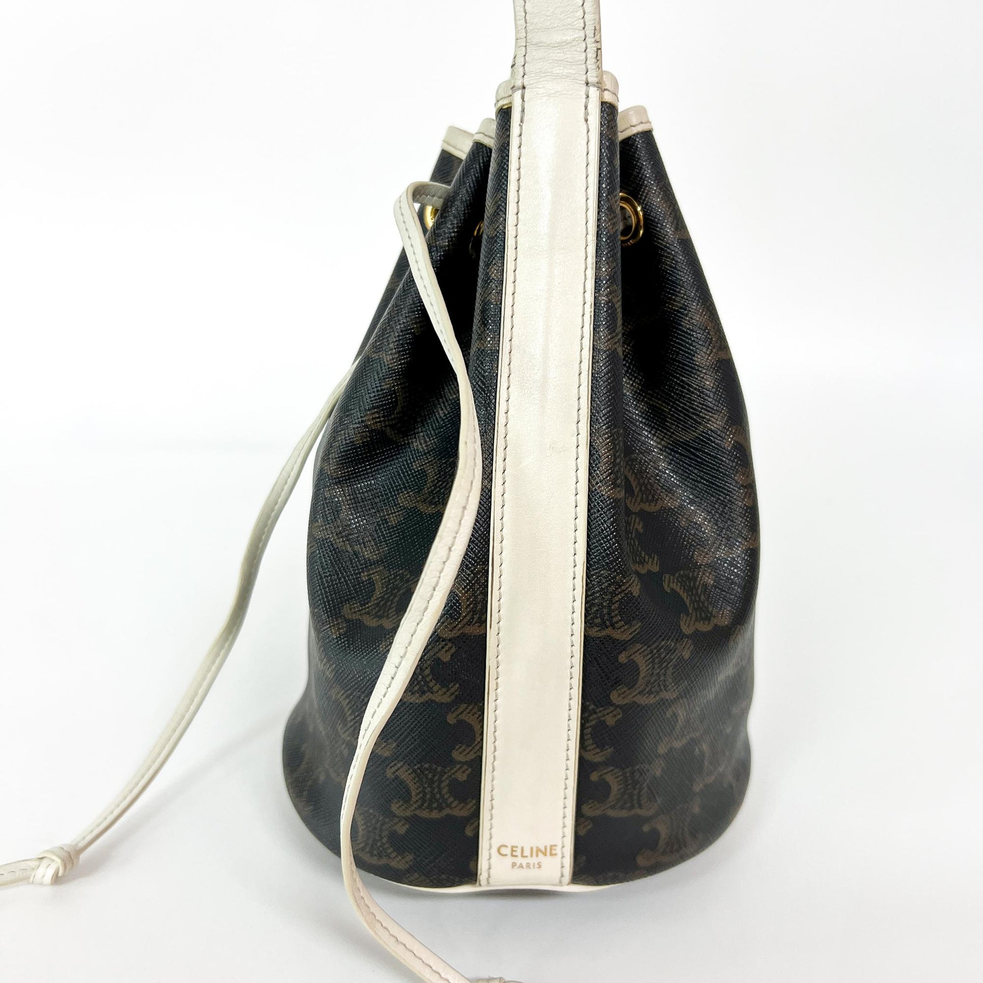 Celine Triomphe Drawstring Bucket Bag Leather, Brown, Canvas, Handbag