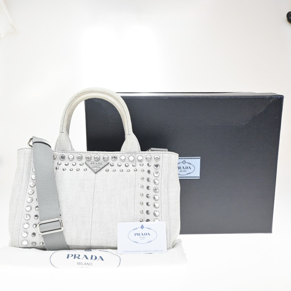 Prada Canapa Convertible Rhinestone Embellished Canvas, Gray, Canvas, Tote Bag