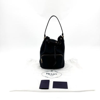 Prada Duet Drawstring Bucket Tessuto, Black, Canvas, Handbag