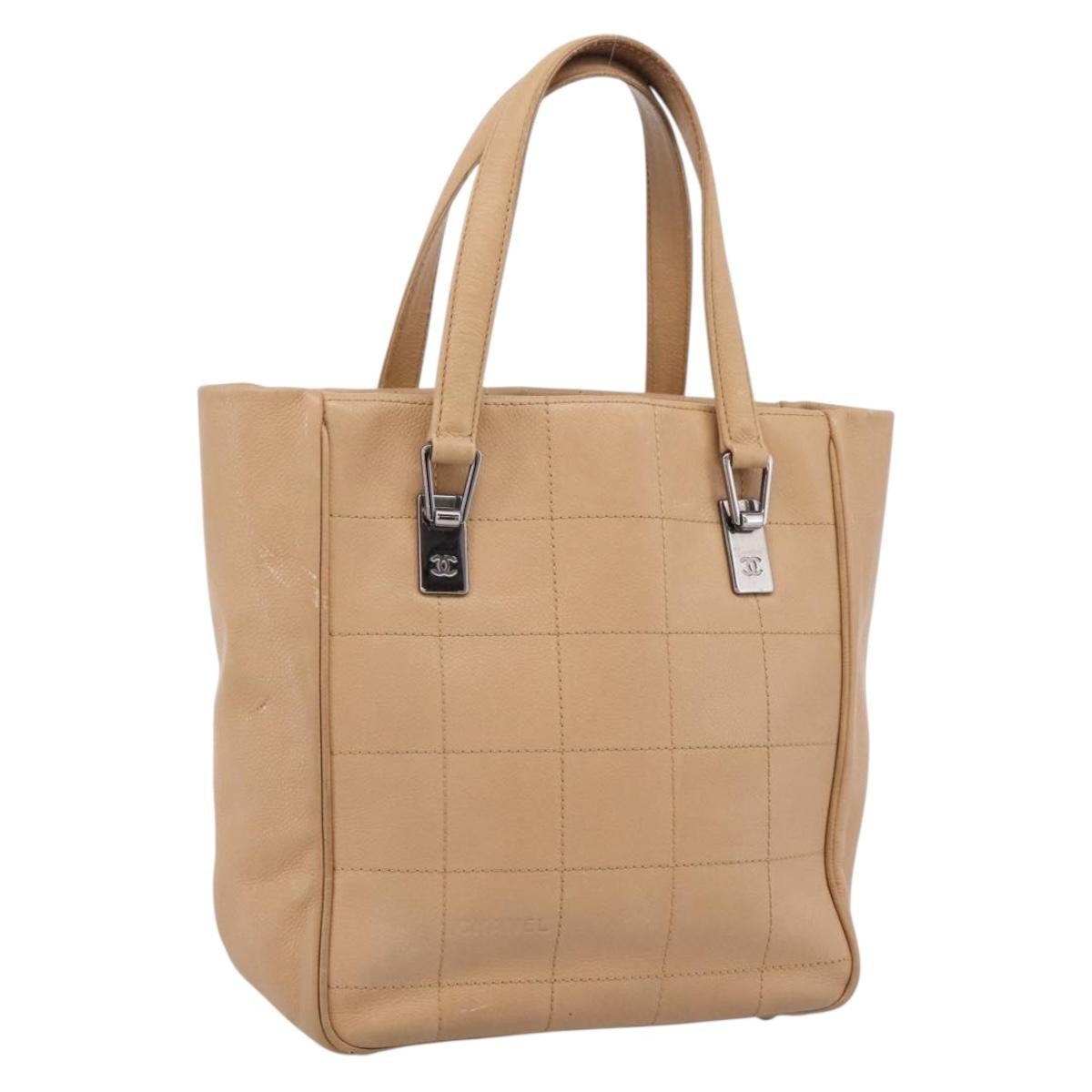 Chanel Chocolate Bar Coco Mark Leather, Beige, Leather, Tote Bag