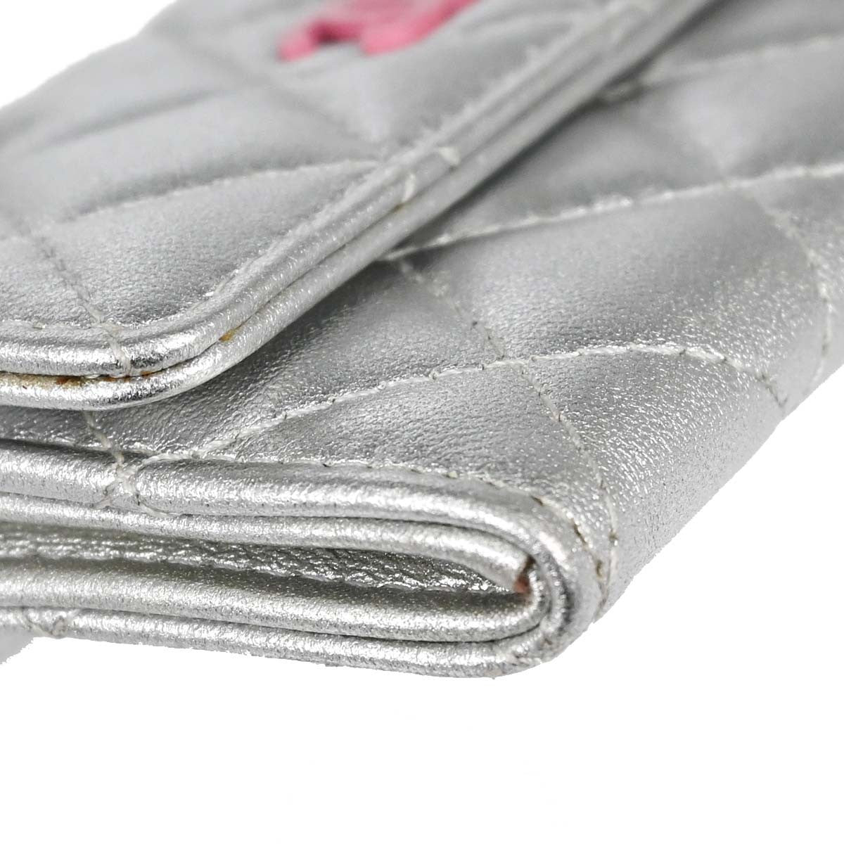 Chanel CC Flap Card Case Quilted Lambskin, Silver, Leather, Card Holder