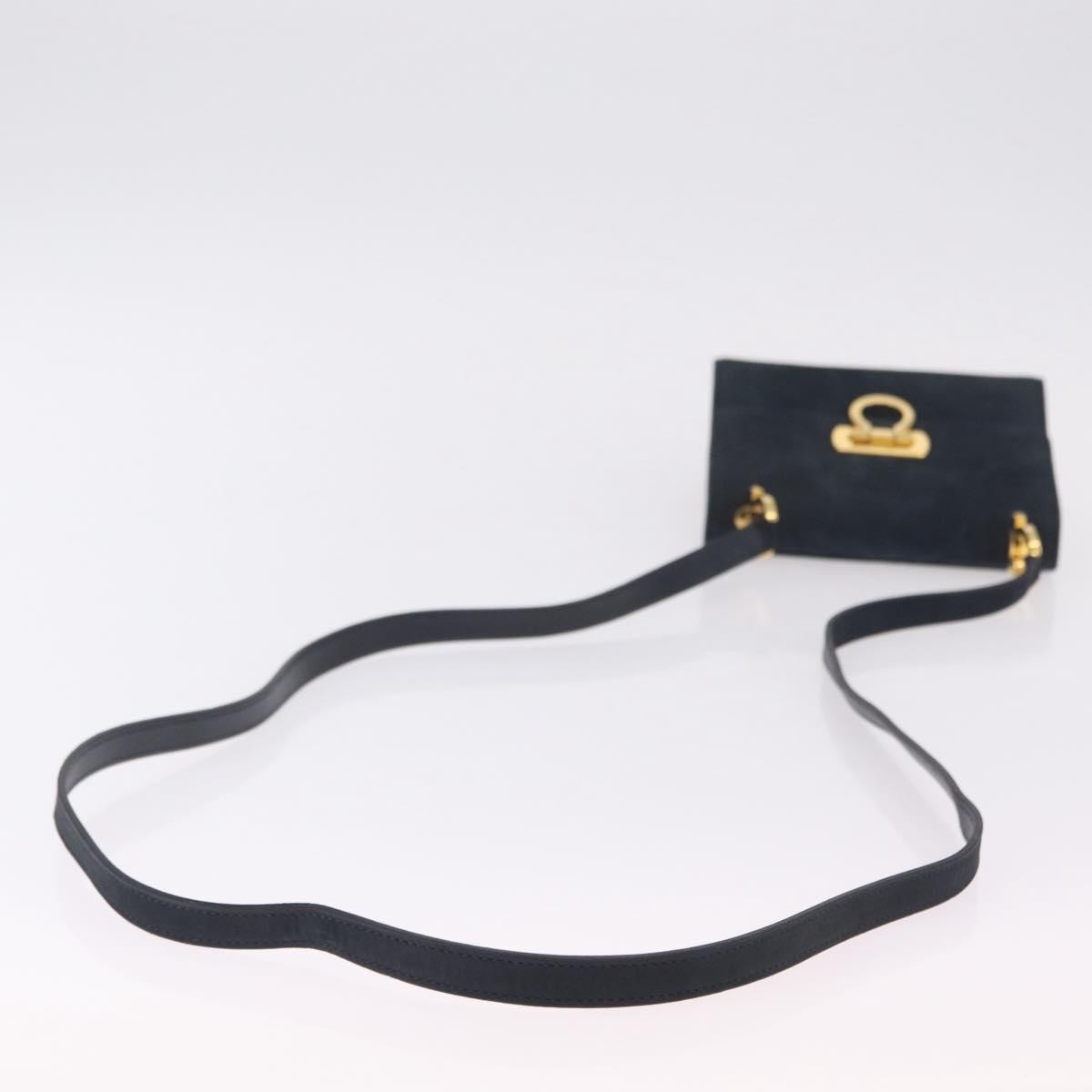 Salvatore Ferragamo Gancini Flap Suede, Navy, Suede, Shoulder Bag