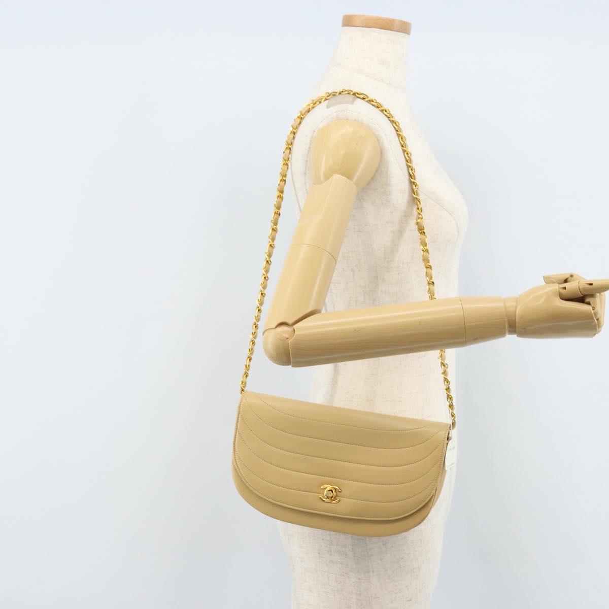 Chanel Vintage Half Moon Flap Bag Quilted lambskin, BEIGE, LEATHER, Shoulder bag