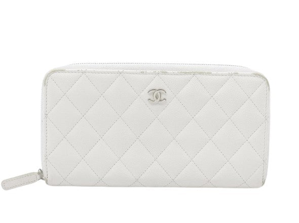 Chanel Trifold Flap Wallet Quilted Caviar, White, Leather, Wallet