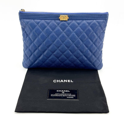 Chanel Boy O Case Clutch Quilted Caviar, Blue, Leather, Clutch