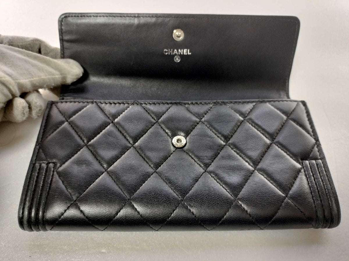 Chanel Boy Flap Quilted Lambskin, Black, Leather, Wallet