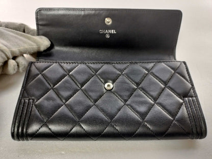 Chanel Boy Flap Quilted Lambskin, Black, Leather, Wallet