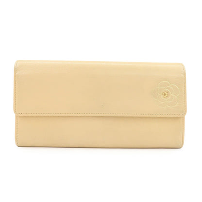Chanel Camellia Flap Leather, Beige, Calfskin, Wallet