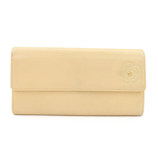 Chanel Camellia Flap Leather, Beige, Calfskin, Wallet