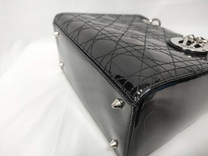 Christian Dior Lady Dior Patent, Black, Patent Leather, Handbag