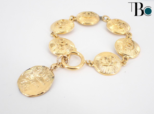 Chanel CC Chain Detail Cuff Bracelet Metal with Leather, GOLD, METAL, Bracelet