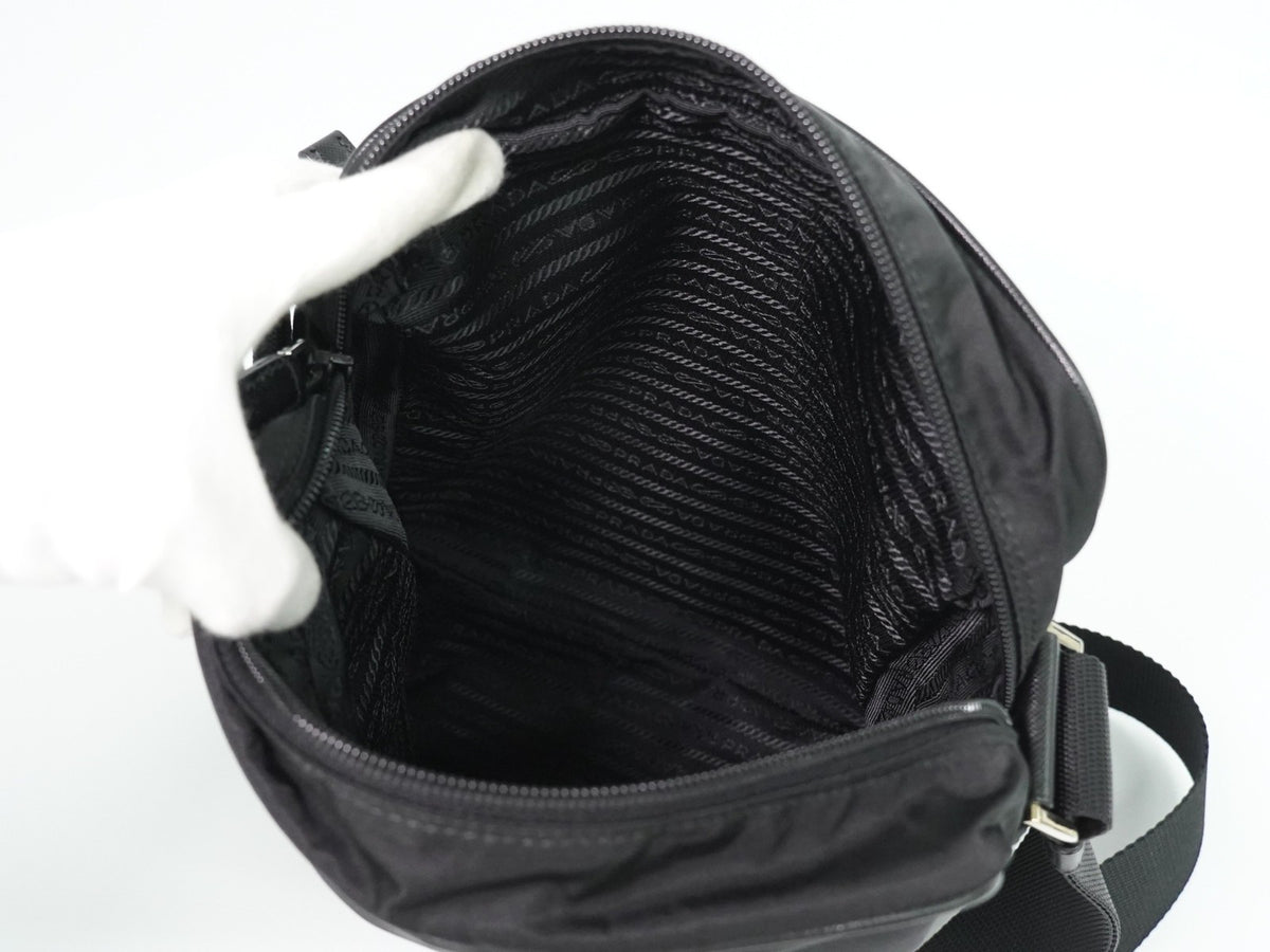 Prada Front Zip Messenger Quilted Tessuto, Black, Nylon, Shoulder Bag