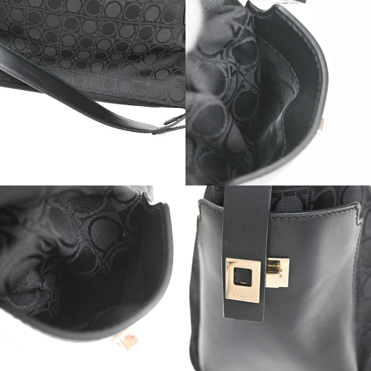 Salvatore Ferragamo Gancini Zip Leather, Black, Canvas, Tote Bag