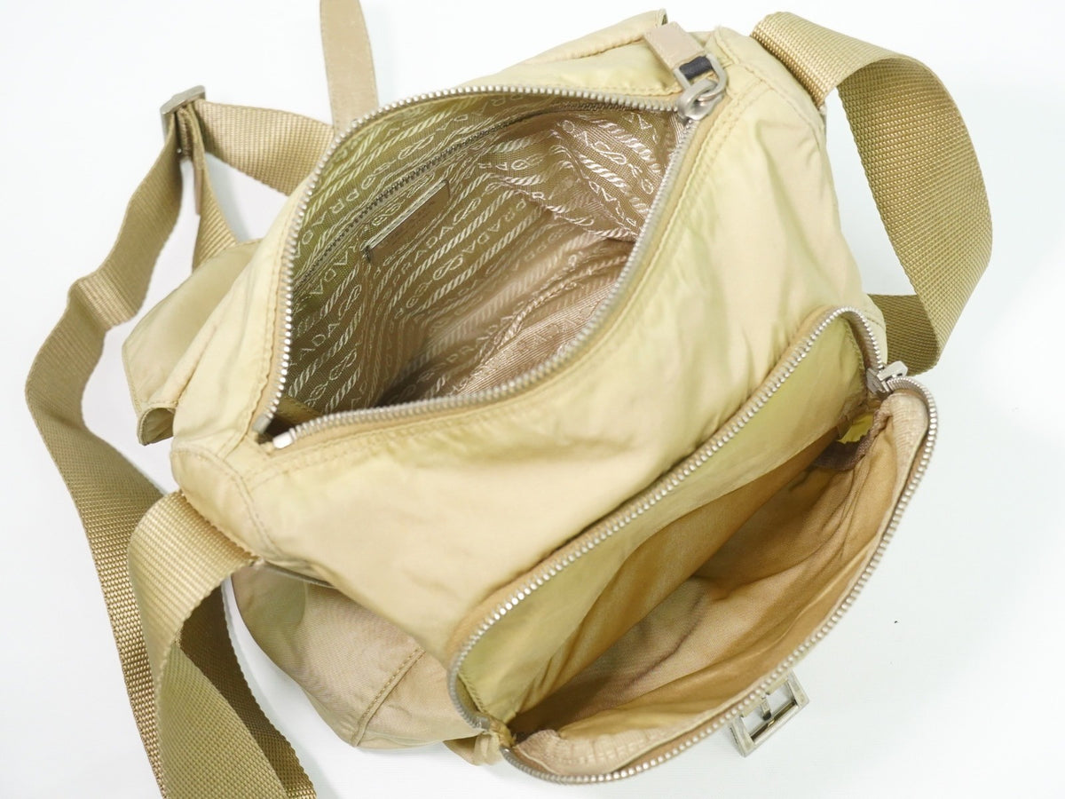 Prada Buckle Messenger Tessuto, Beige, Nylon, Shoulder Bag