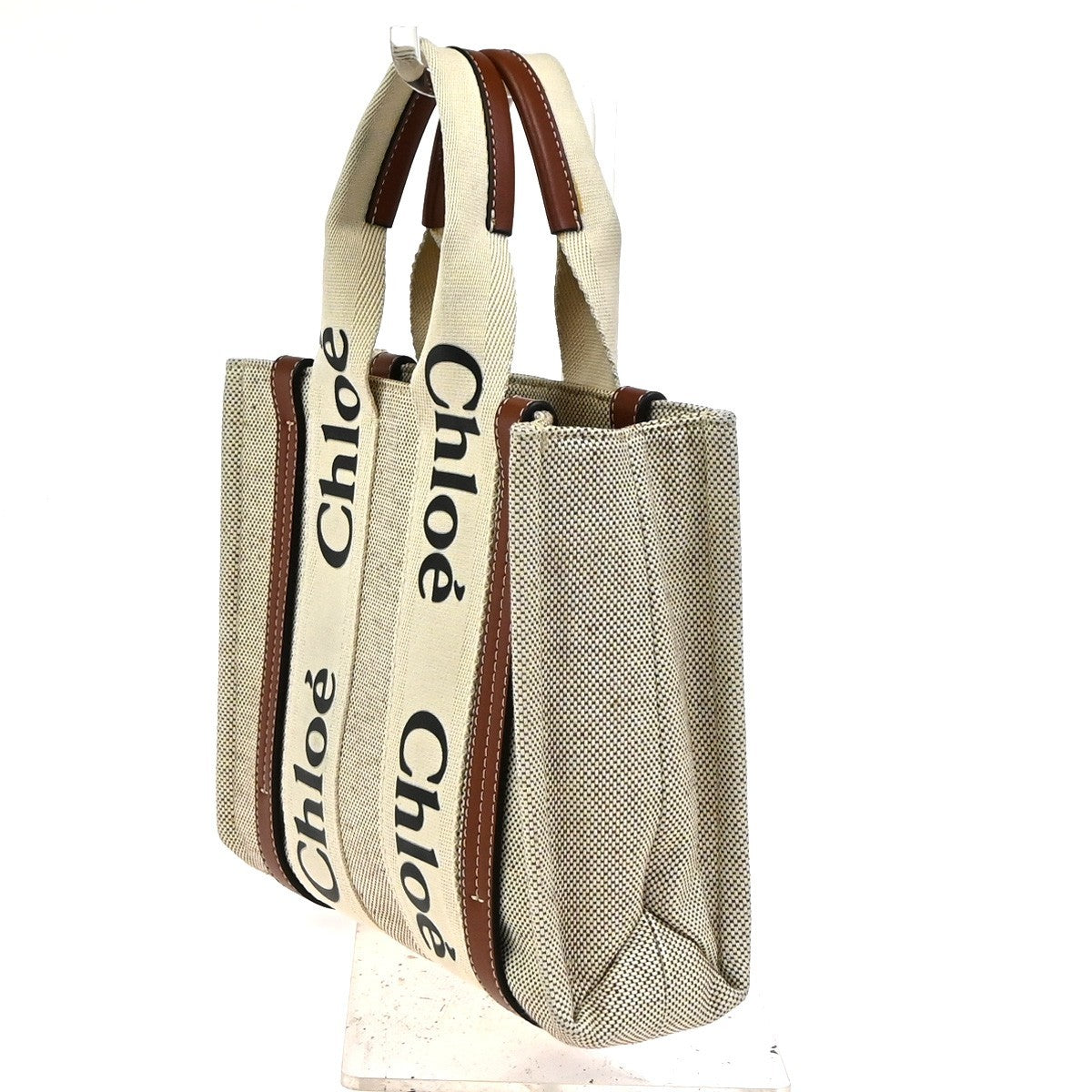 Chloe Woody Leather, Beige, Canvas, Tote Bag