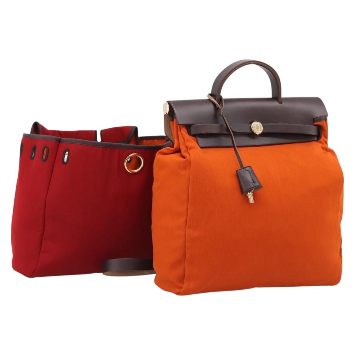Hermes Herbag A Dos Toile, Orange, Canvas, Backpack