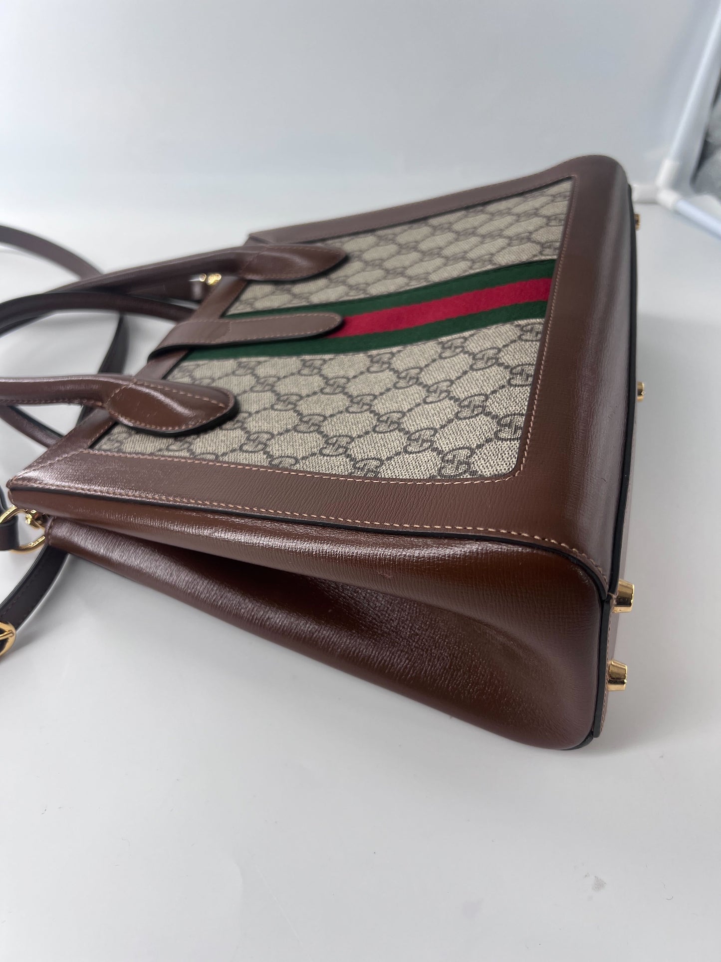 Gucci Ophidia Top Handle Tote GG Coated Canvas with Leather, BROWN, CANVAS, Handbag