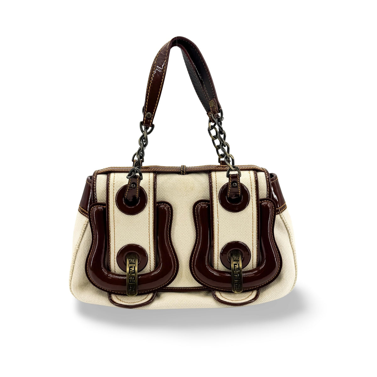 Fendi B. Bag Canvas with Patent, Brown, Canvas, Handbag