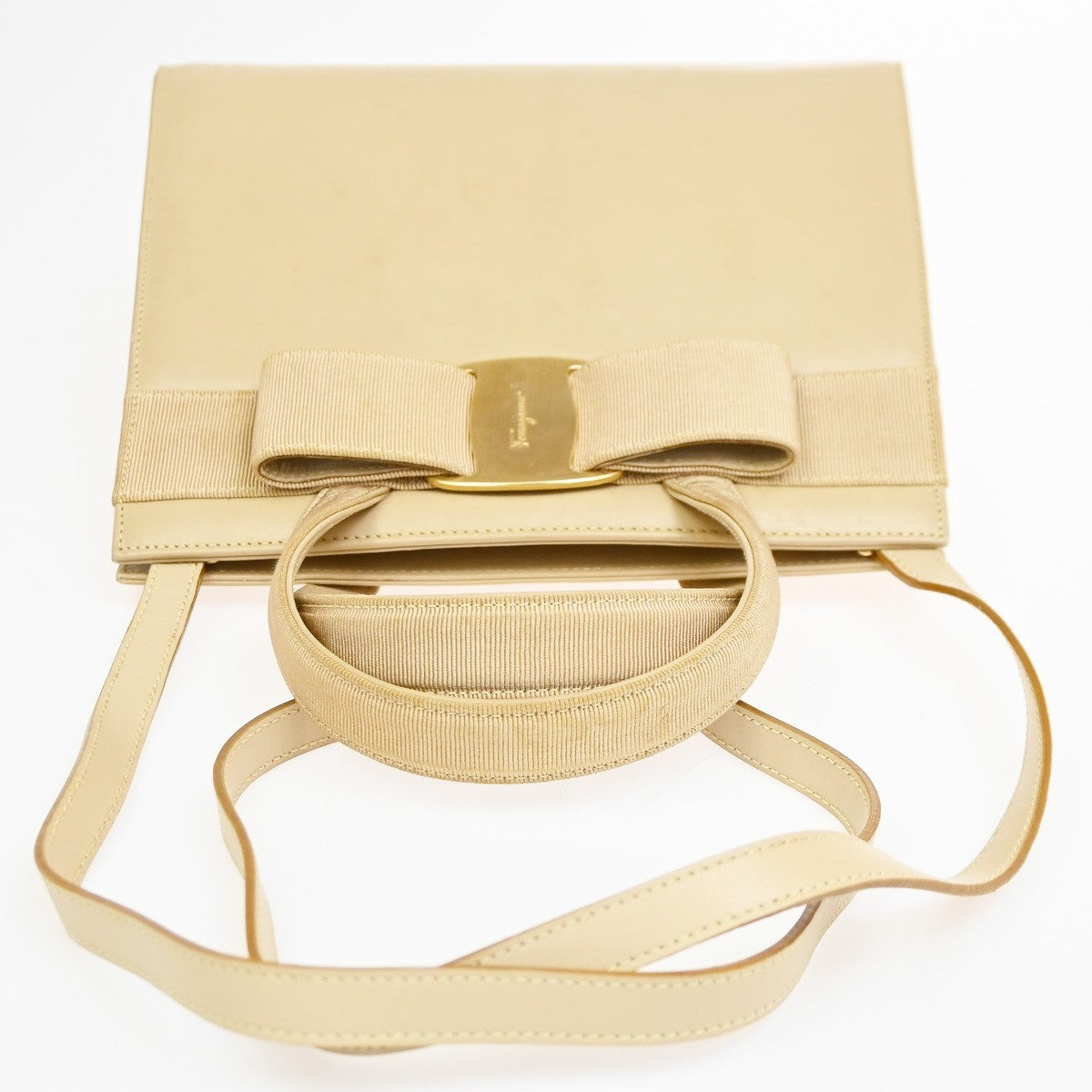 Salvatore Ferragamo Convertible Vara Bow Leather, Beige, Leather, Tote Bag