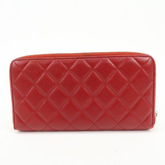 Chanel Zip Around Quilted Lambskin, Red, Leather, Wallet