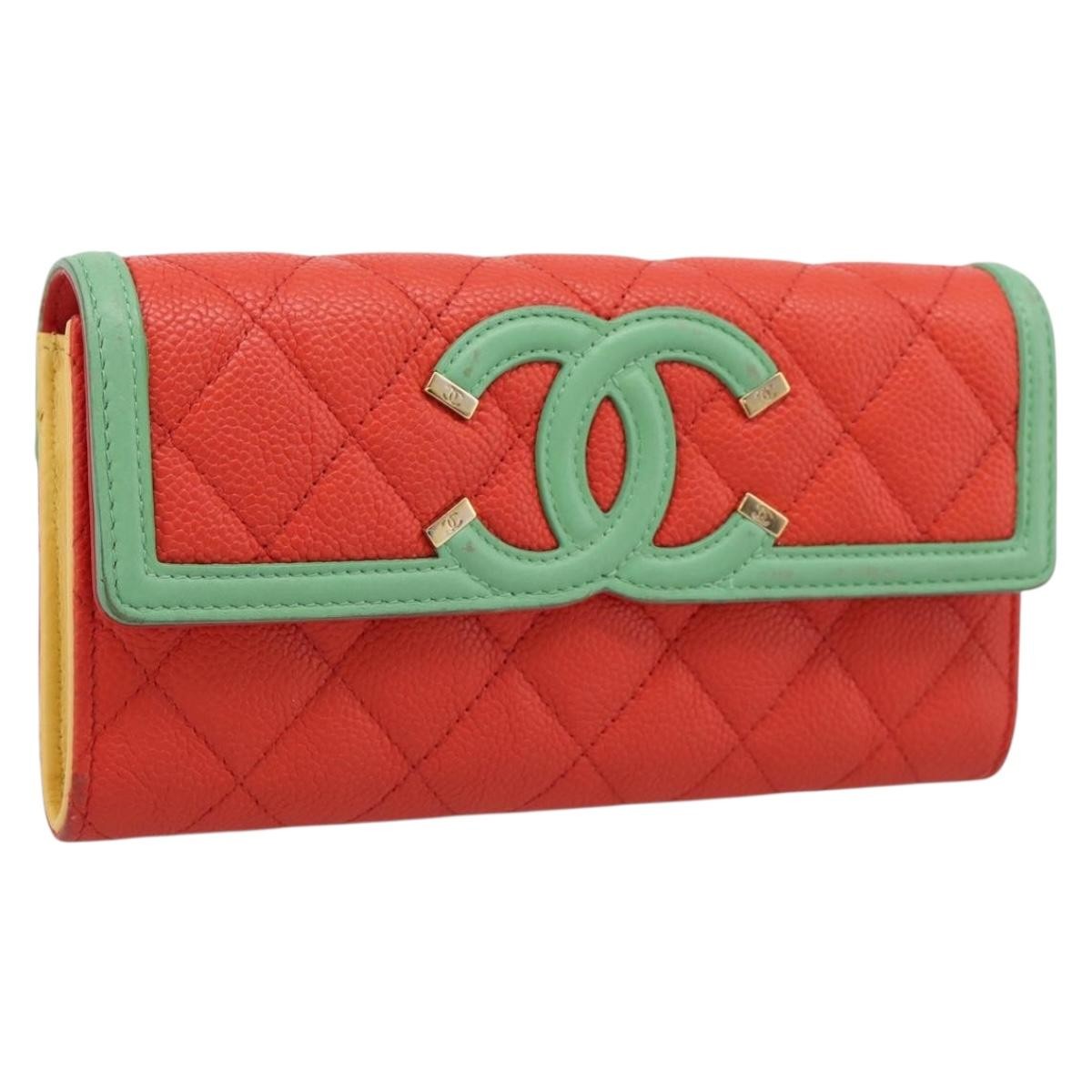 Chanel Filigree Flap Quilted Caviar, Red, Leather, Wallet