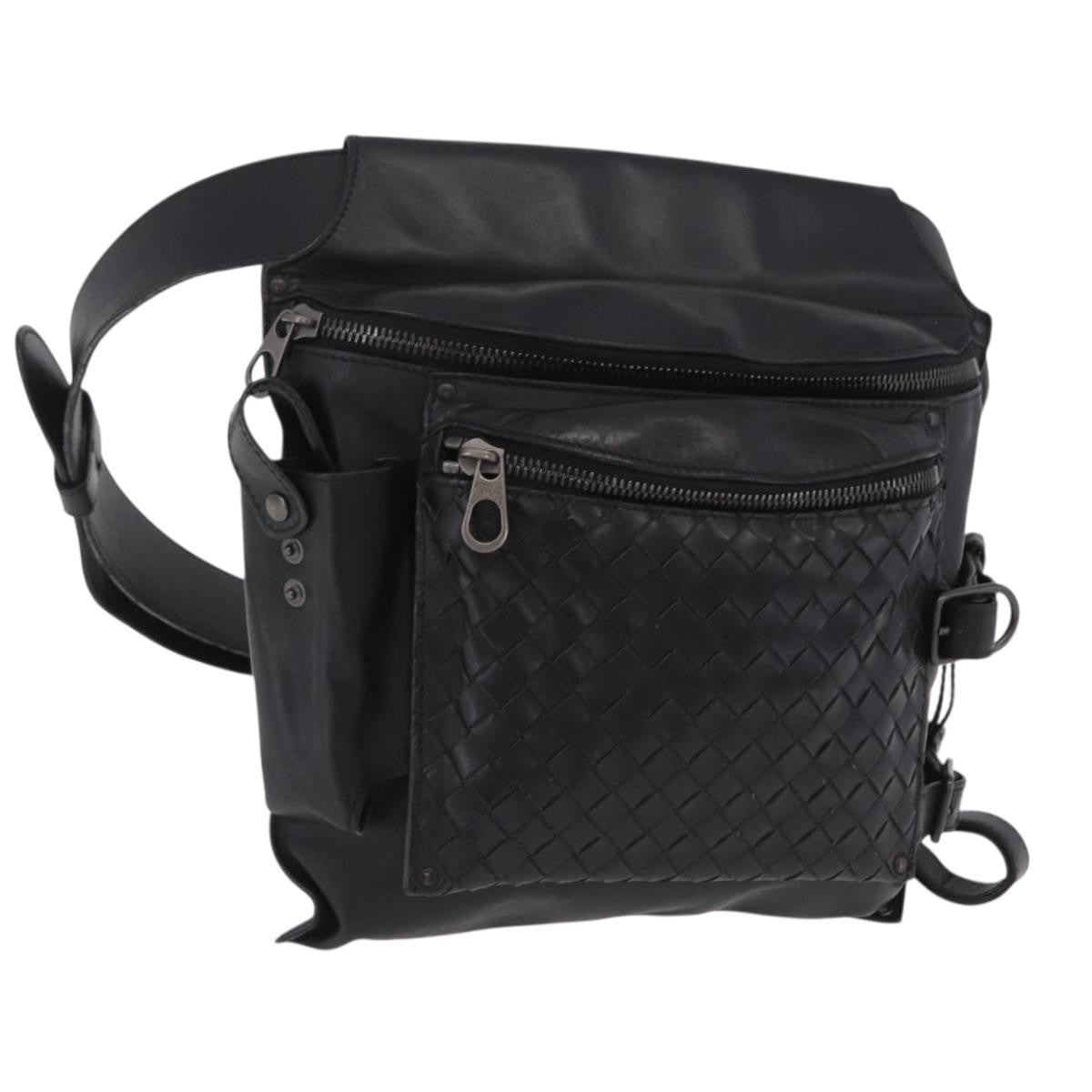 Bottega Veneta Utility Waist Leather with Intrecciato, Black, Leather, Shoulder Bag