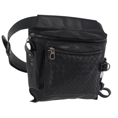 Bottega Veneta Utility Waist Leather with Intrecciato, Black, Leather, Shoulder Bag
