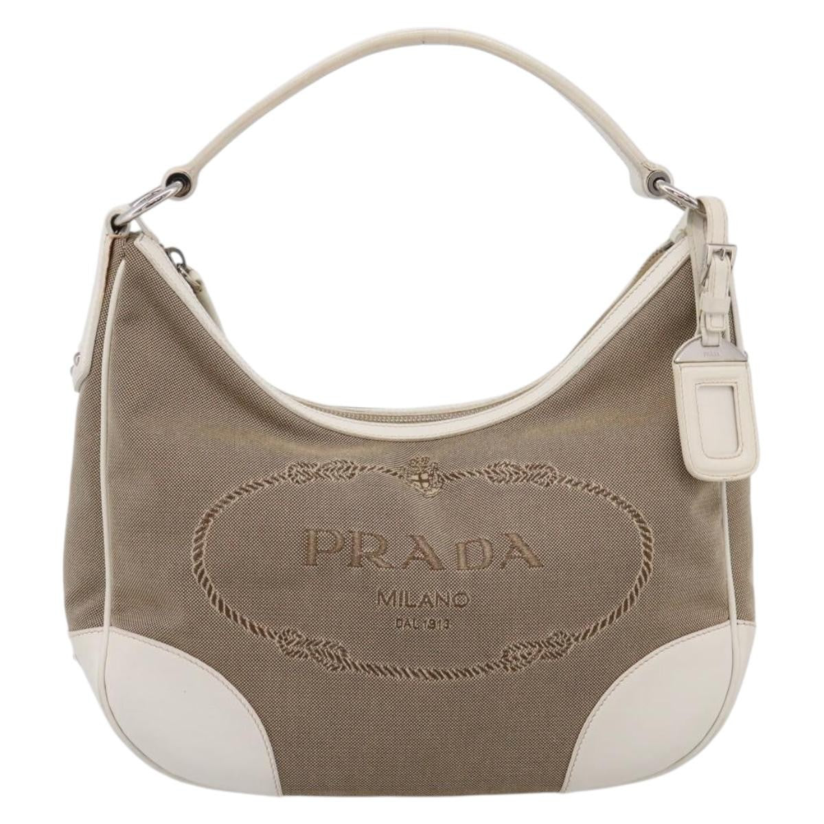 Prada Canapa Hobo Canvas with Leather, Beige, Canvas, Shoulder Bag