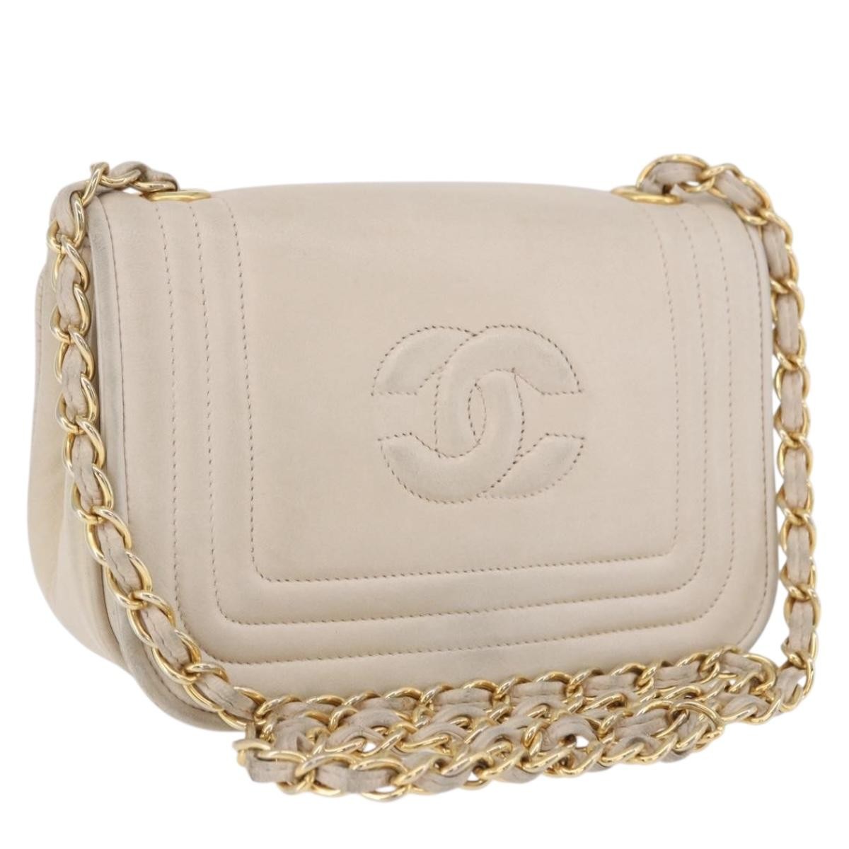 Chanel Vintage CC Stitch Flap Leather, Beige, Leather, Shoulder Bag