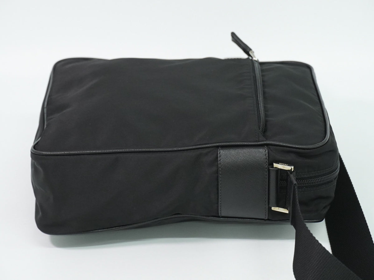 Prada Front Zip Messenger Quilted Tessuto, Black, Nylon, Shoulder Bag