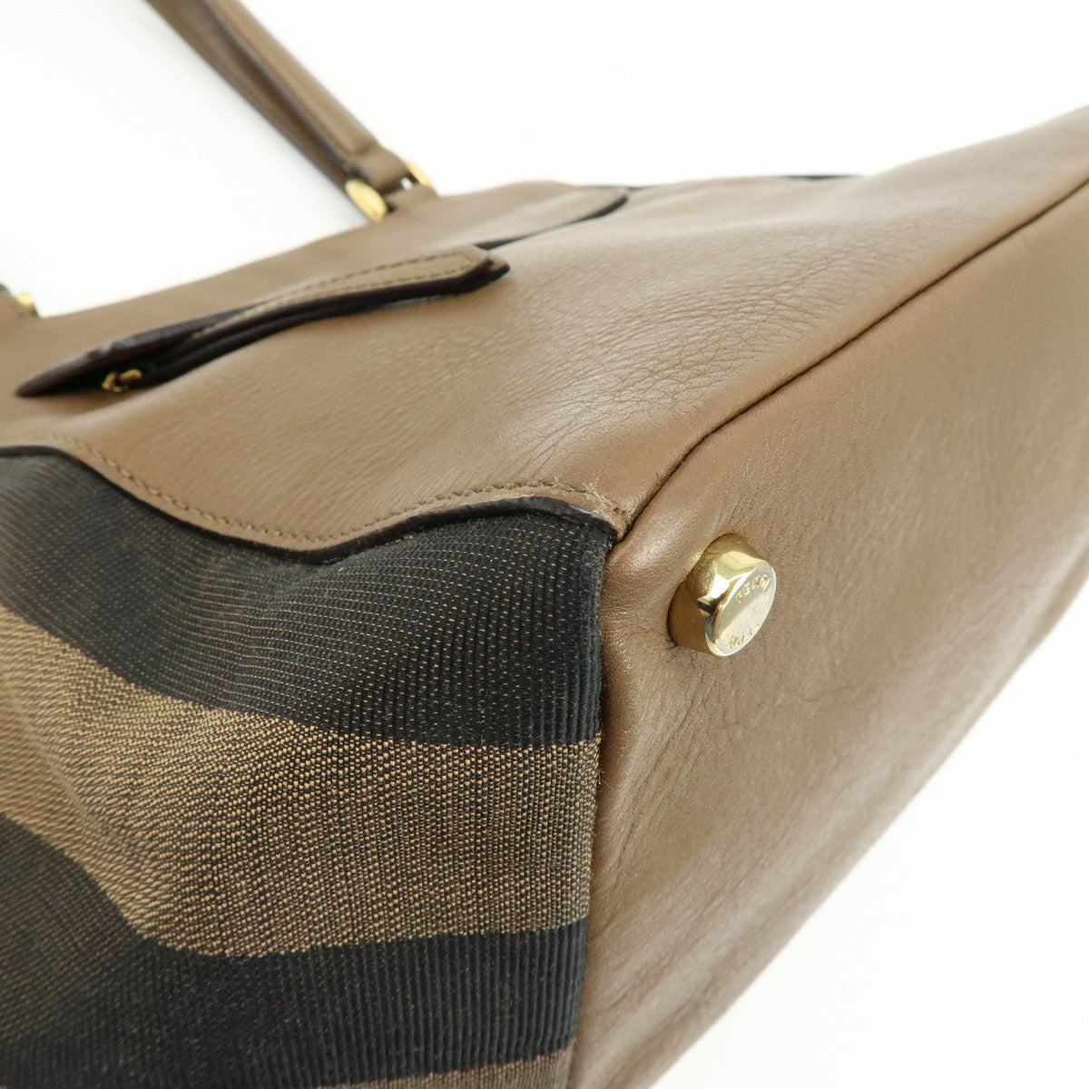 Fendi Boxy Leather with Pequin Canvas, Brown, Leather, Tote Bag