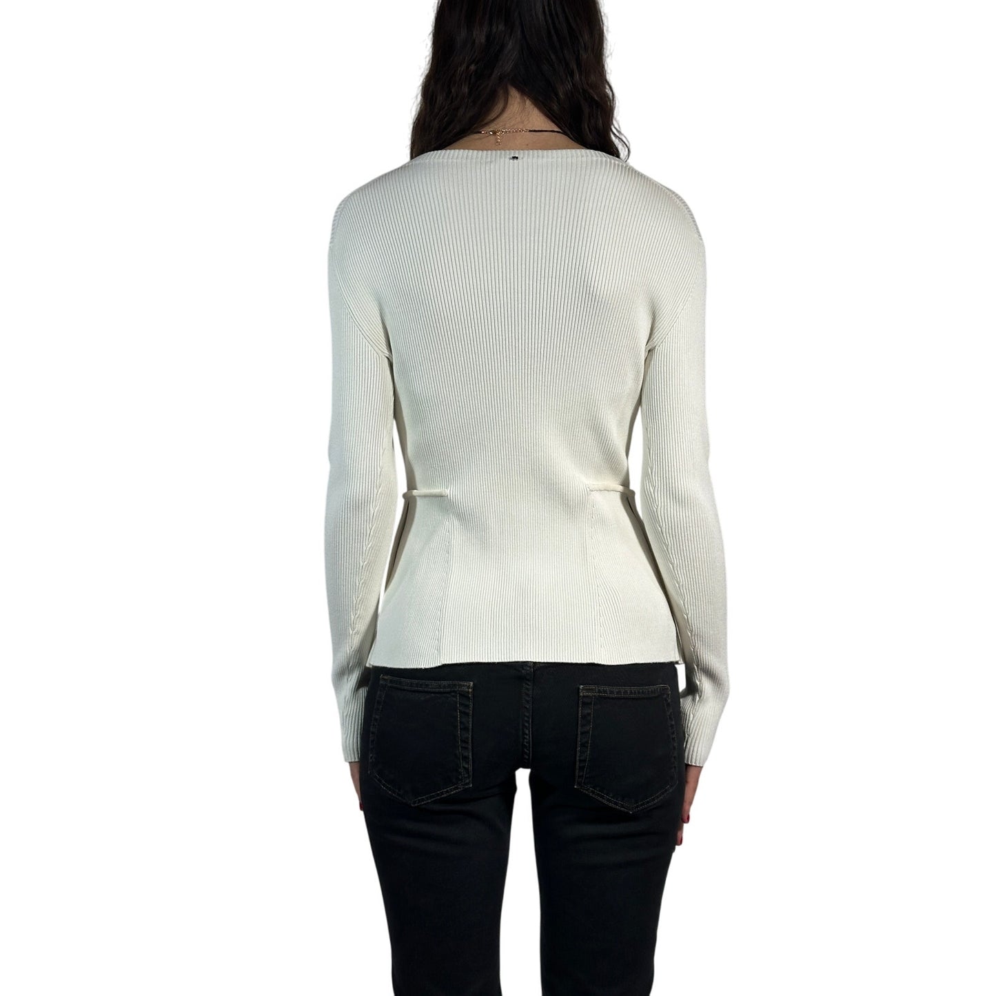SPORTMAX Πλεκτό Πουλόβερ Peplum με Ριμπ Πλεχτό, Μονόχρωμο, Μακρυμάνικο, Γυναικείο, Λευκό M